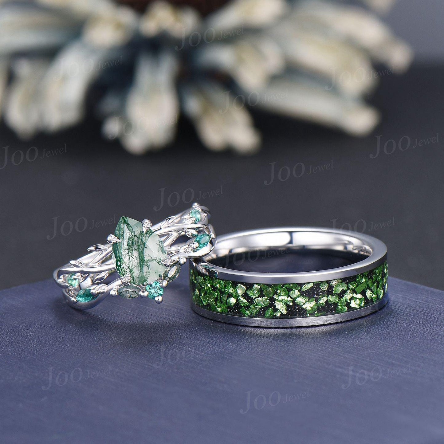 Sterling Silver Natural Pear Cut Moss Agate Twig Vine Couple Ring Set Nature Inspired Wedding Ring Men Tungsten Ring Unique Matching Ring