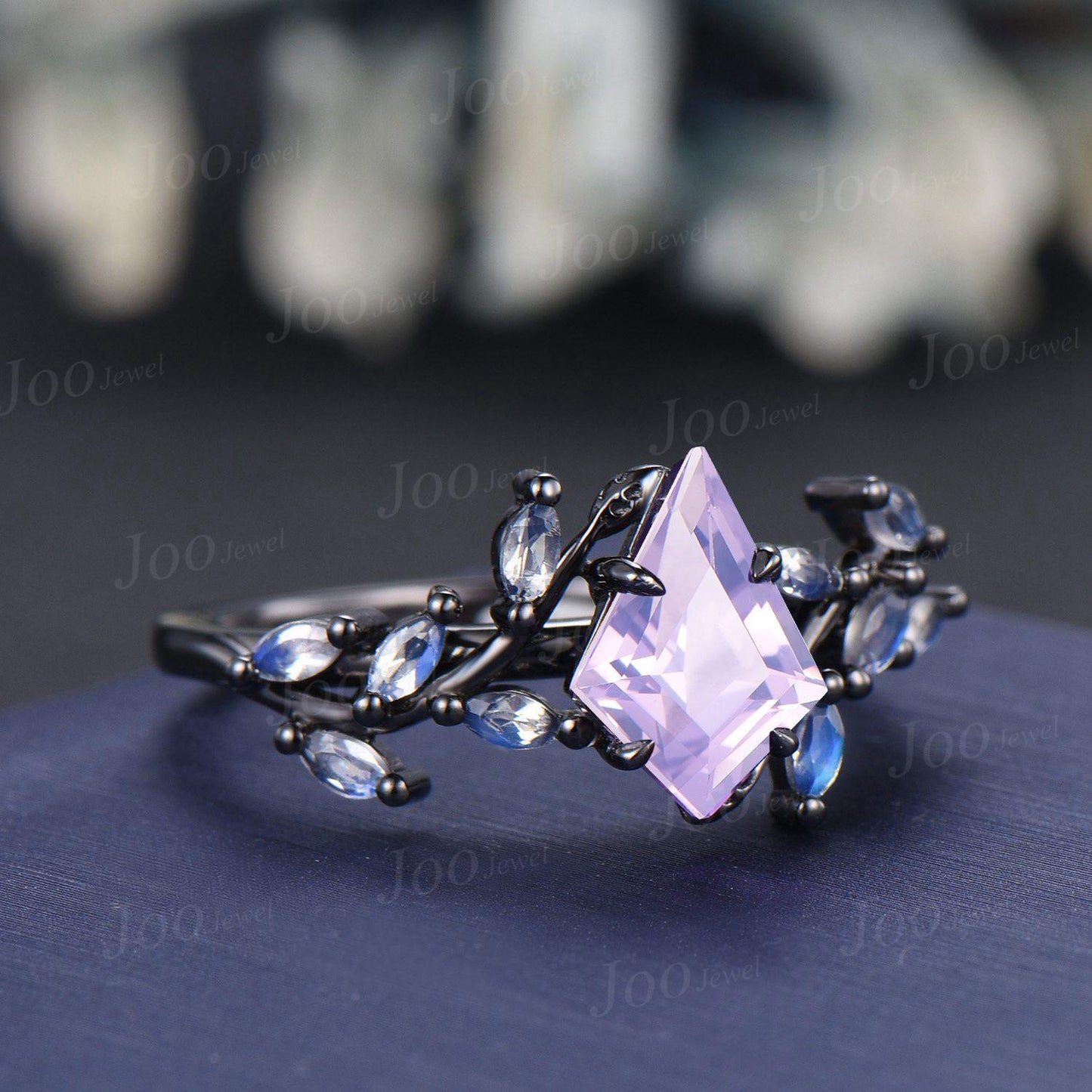 Vintage 2CT Kite Cut Lavender Amethyst Engagement Ring Black Gold Promise Ring Cluster Marquise Moonstone Bridal Wedding Ring Set for Women