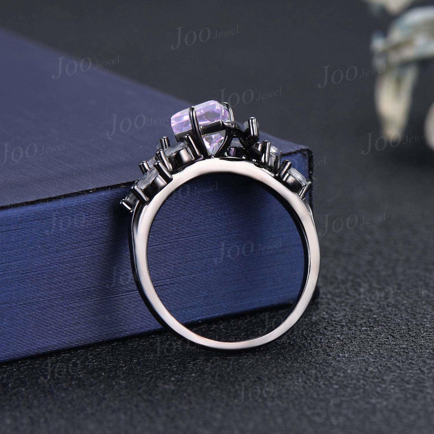 Vintage 2CT Kite Cut Lavender Amethyst Engagement Ring Black Gold Promise Ring Cluster Marquise Moonstone Bridal Wedding Ring Set for Women