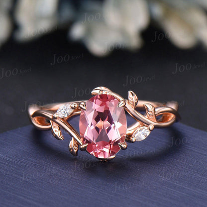 Oval Padparadscha Pink Sapphire Ring- Infinity Wedding Ring- Pink Tourmaline Opal Accent- Nature Inspired Bridal Ring- Enhancer Wedding Band