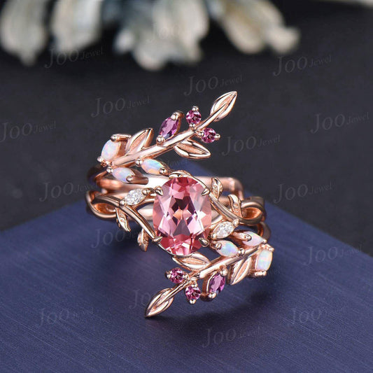 Oval Padparadscha Pink Sapphire Ring- Infinity Wedding Ring- Pink Tourmaline Opal Accent- Nature Inspired Bridal Ring- Enhancer Wedding Band