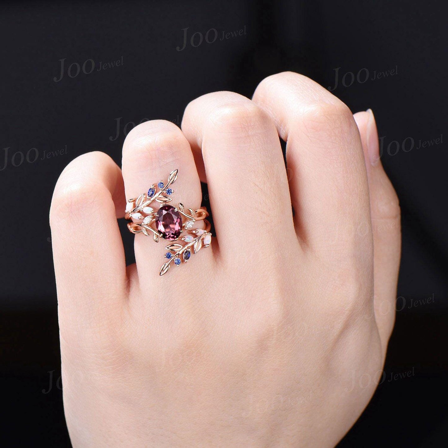 1.5ct Oval Natural Pink Tourmaline Nature Inspired Ring Set- Infinity Leaf Wedding Rings- Blue Sapphire Opal Accent- Enhancer Wedding Band