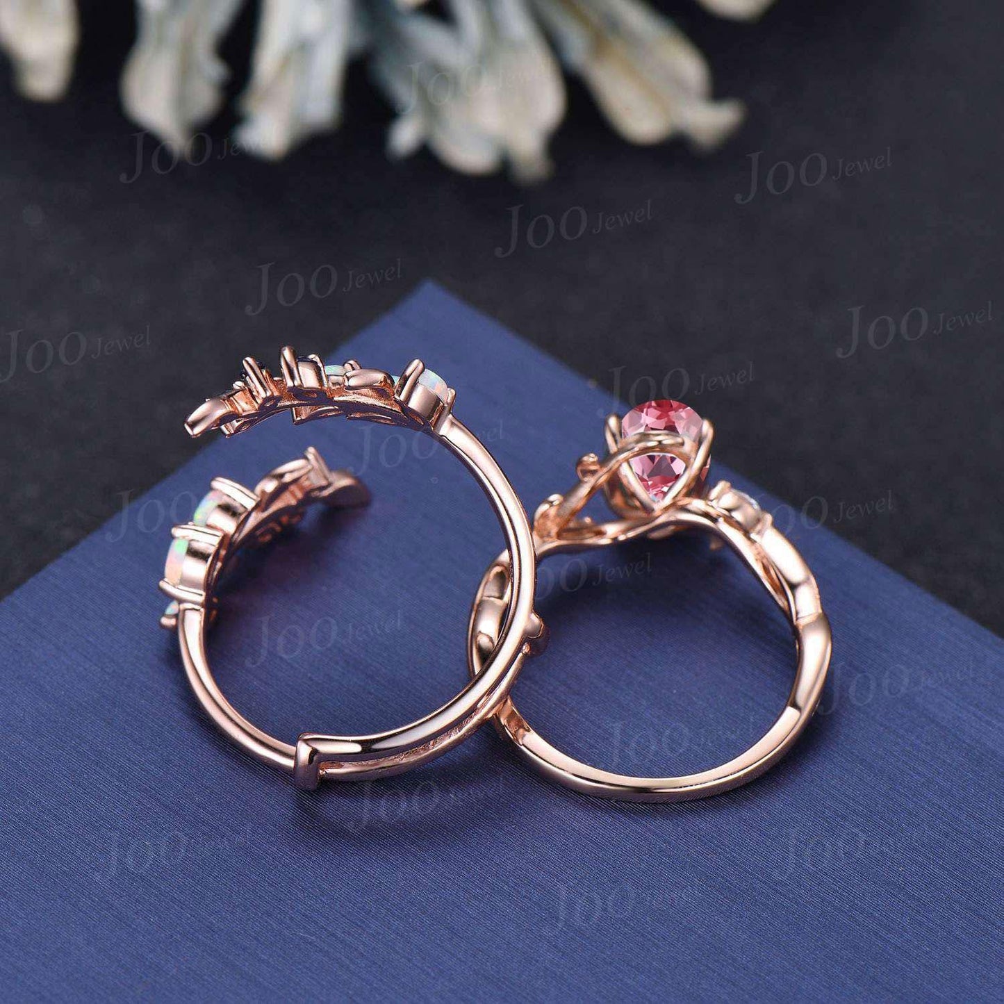 1.5ct Oval Natural Pink Tourmaline Nature Inspired Ring Set- Infinity Leaf Wedding Rings- Blue Sapphire Opal Accent- Enhancer Wedding Band