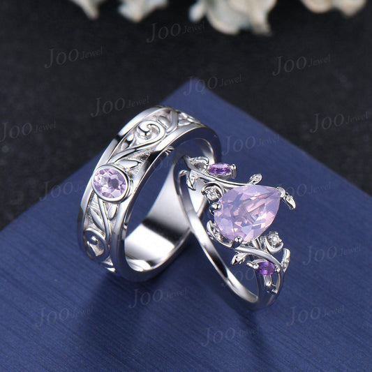 2PCS Natural Lavender Amethyst Leaf Vine Couple Ring Set | Sterling Silver Nature Inspired Matching Promise Ring Set| Romantic Proposal Ring
