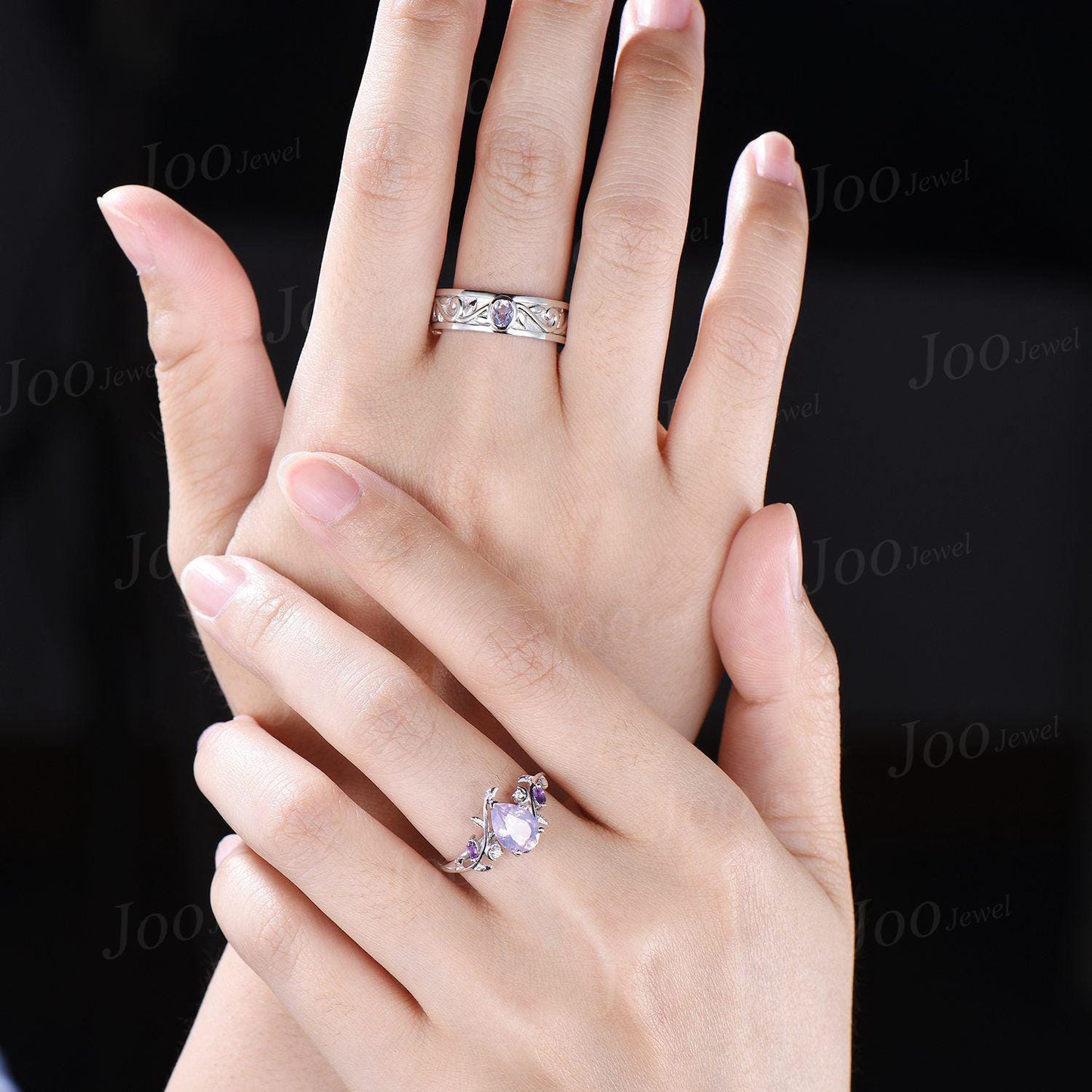 2PCS Natural Lavender Amethyst Leaf Vine Couple Ring Set | Sterling Silver Nature Inspired Matching Promise Ring Set| Romantic Proposal Ring