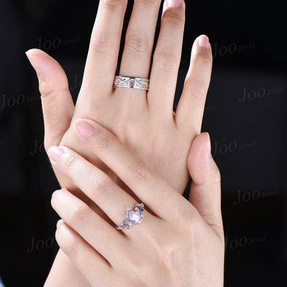 2PCS Natural Lavender Amethyst Leaf Vine Couple Ring Set | Sterling Silver Nature Inspired Matching Promise Ring Set| Romantic Proposal Ring