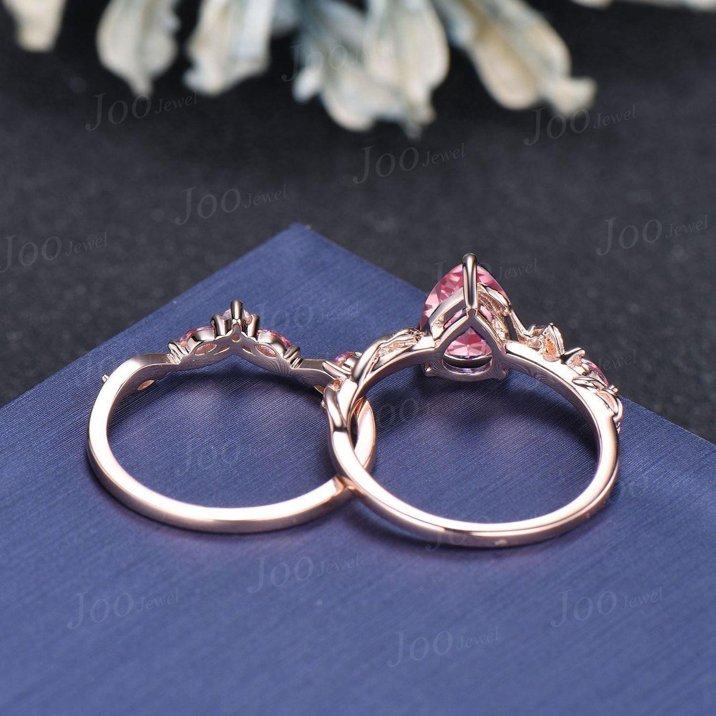 1.25ct Pear Cut Padparadscha Pink Sapphire Branch Wedding Ring Set- Pink Tourmaline Moonstone Accent- Nature Inspired Pink Engagement Ring
