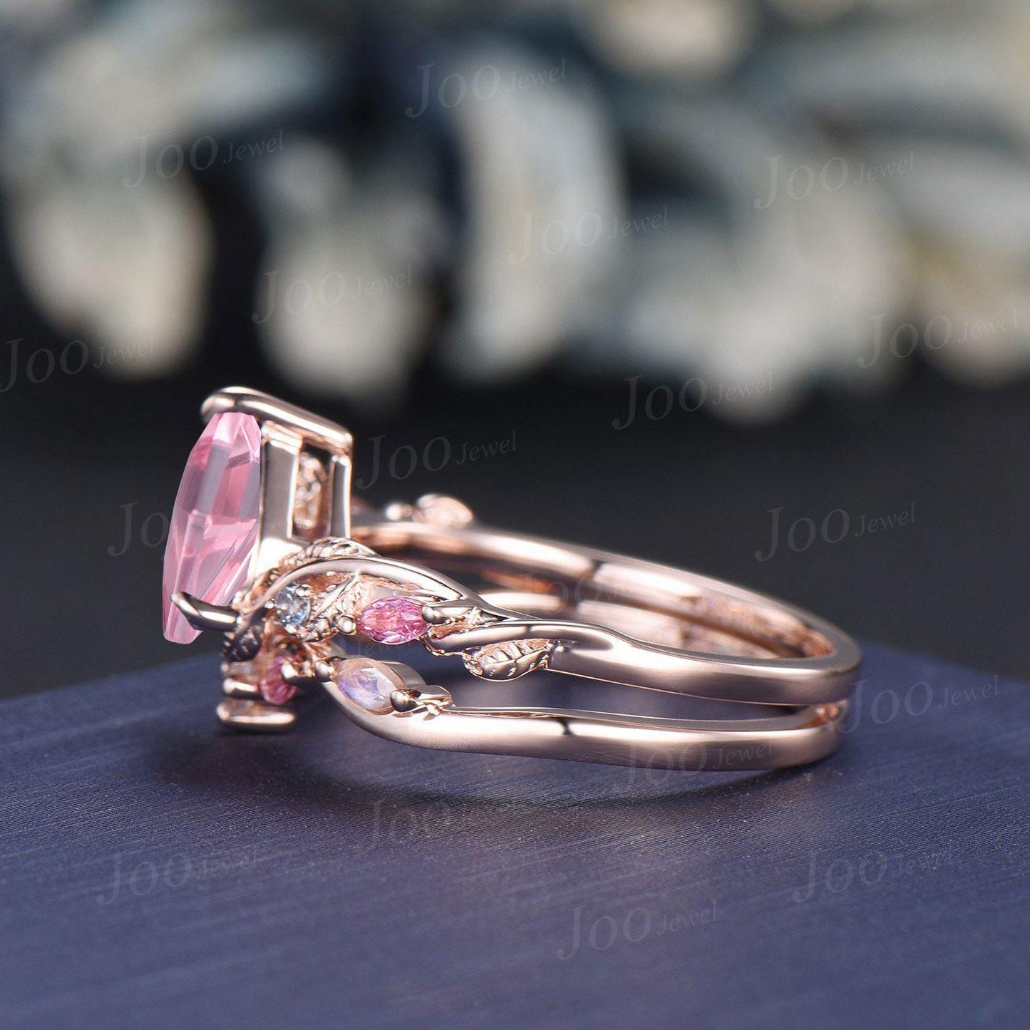 1.25ct Pear Cut Padparadscha Pink Sapphire Branch Wedding Ring Set- Pink Tourmaline Moonstone Accent- Nature Inspired Pink Engagement Ring