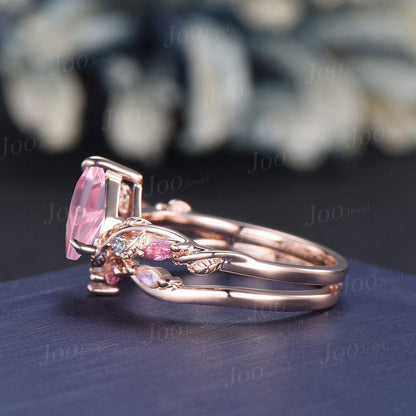 1.25ct Pear Cut Padparadscha Pink Sapphire Branch Wedding Ring Set- Pink Tourmaline Moonstone Accent- Nature Inspired Pink Engagement Ring