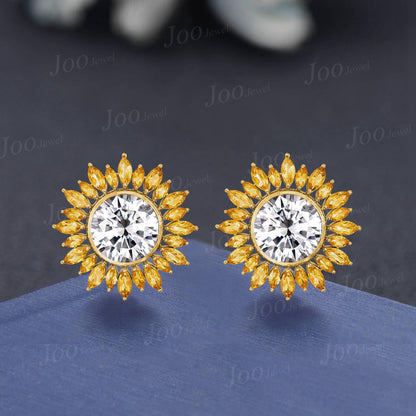 Round Moissanite Sunflower Earrings/Necklace Marquise Cut Natural Citrine Halo Stud Earrings Summer Beach Vacation Jewelry for Women