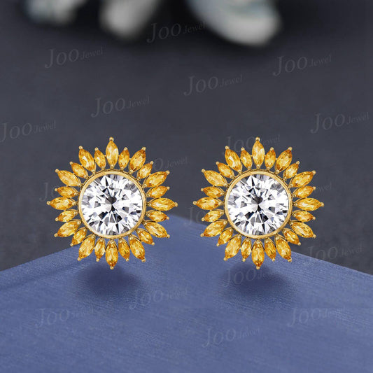 Round Moissanite Sunflower Earrings/Necklace Marquise Cut Natural Citrine Halo Stud Earrings Summer Beach Vacation Jewelry for Women