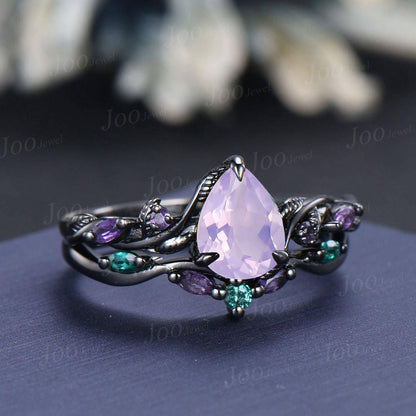 1.25ct Pear Cut Lavender Amethyst Black Gold Bridal Ring, Twig Vine Leaf Ring, Antique Emerald Amethyst Promise Ring Set Anniversary Gifts