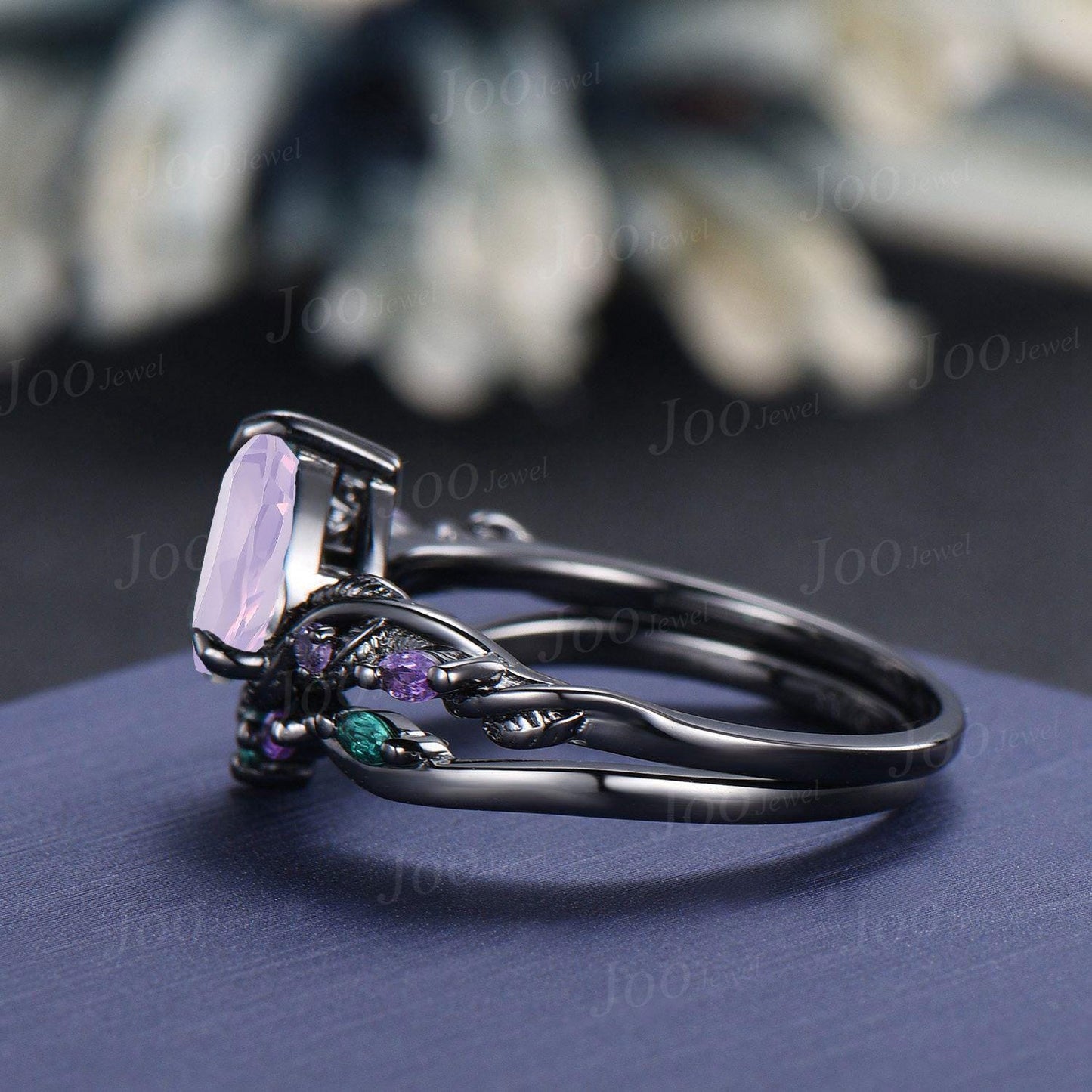 1.25ct Pear Cut Lavender Amethyst Black Gold Bridal Ring, Twig Vine Leaf Ring, Antique Emerald Amethyst Promise Ring Set Anniversary Gifts