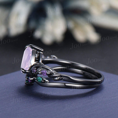 1.25ct Pear Cut Lavender Amethyst Black Gold Bridal Ring, Twig Vine Leaf Ring, Antique Emerald Amethyst Promise Ring Set Anniversary Gifts