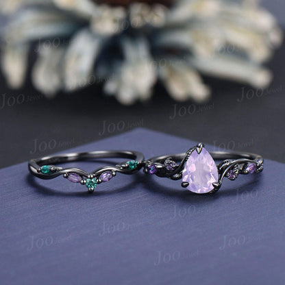 1.25ct Pear Cut Lavender Amethyst Black Gold Bridal Ring, Twig Vine Leaf Ring, Antique Emerald Amethyst Promise Ring Set Anniversary Gifts