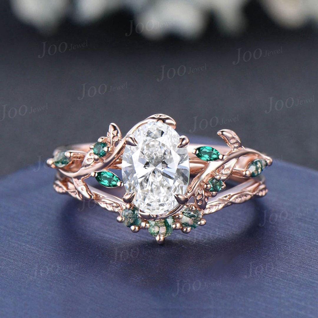14K Rose Gold Oval Lab Grown Diamond with IGI Certified VVS D Leaf Vine Wedding Ring Set|Emerald & Moss Agate Accent|Nature Inspired Bridal Rings