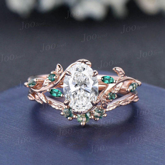 14K Rose Gold Oval Lab Grown Diamond with IGI Certified VVS D Leaf Vine Wedding Ring Set|Emerald & Moss Agate Accent|Nature Inspired Bridal Rings