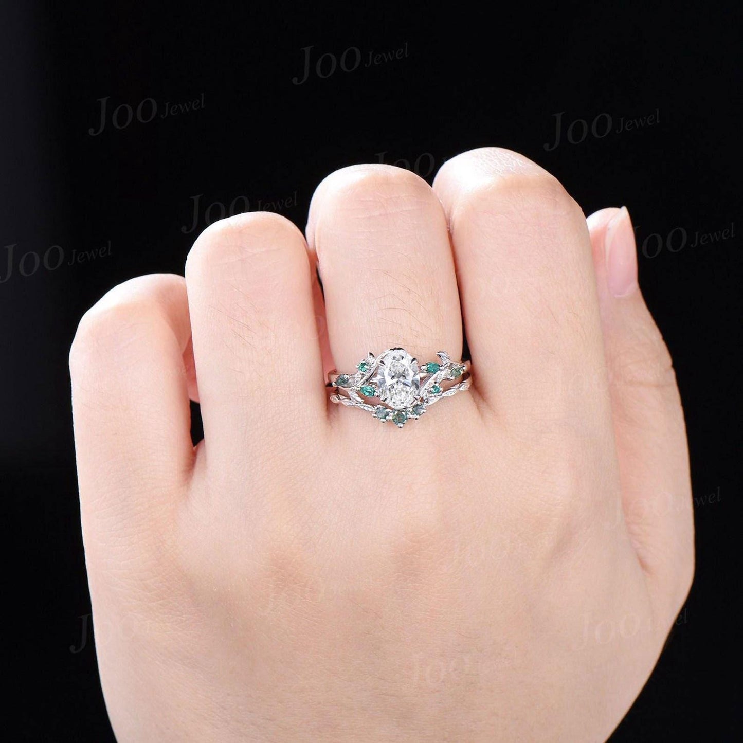 14K Rose Gold Oval Lab Grown Diamond with IGI Certified VVS D Leaf Vine Wedding Ring Set|Emerald & Moss Agate Accent|Nature Inspired Bridal Rings