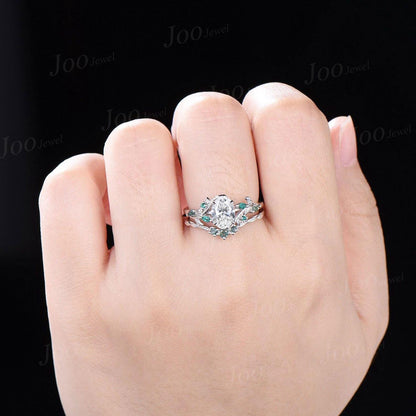 14K Rose Gold Oval Lab Grown Diamond with IGI Certified VVS D Leaf Vine Wedding Ring Set|Emerald & Moss Agate Accent|Nature Inspired Bridal Rings