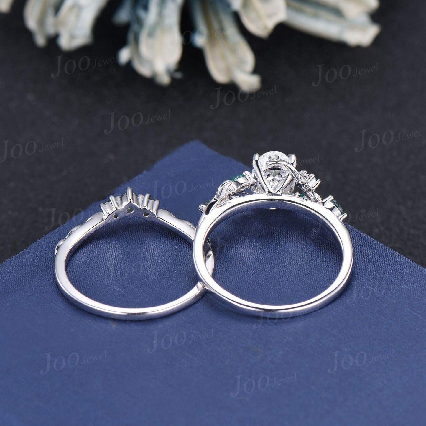 14K Rose Gold Oval Lab Grown Diamond with IGI Certified VVS D Leaf Vine Wedding Ring Set|Emerald & Moss Agate Accent|Nature Inspired Bridal Rings