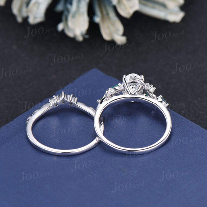 14K Rose Gold Oval Lab Grown Diamond with IGI Certified VVS D Leaf Vine Wedding Ring Set|Emerald & Moss Agate Accent|Nature Inspired Bridal Rings