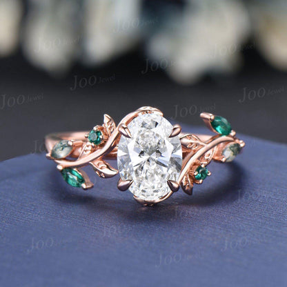 14K Rose Gold Oval Lab Grown Diamond with IGI Certified VVS D Leaf Vine Wedding Ring Set|Emerald & Moss Agate Accent|Nature Inspired Bridal Rings