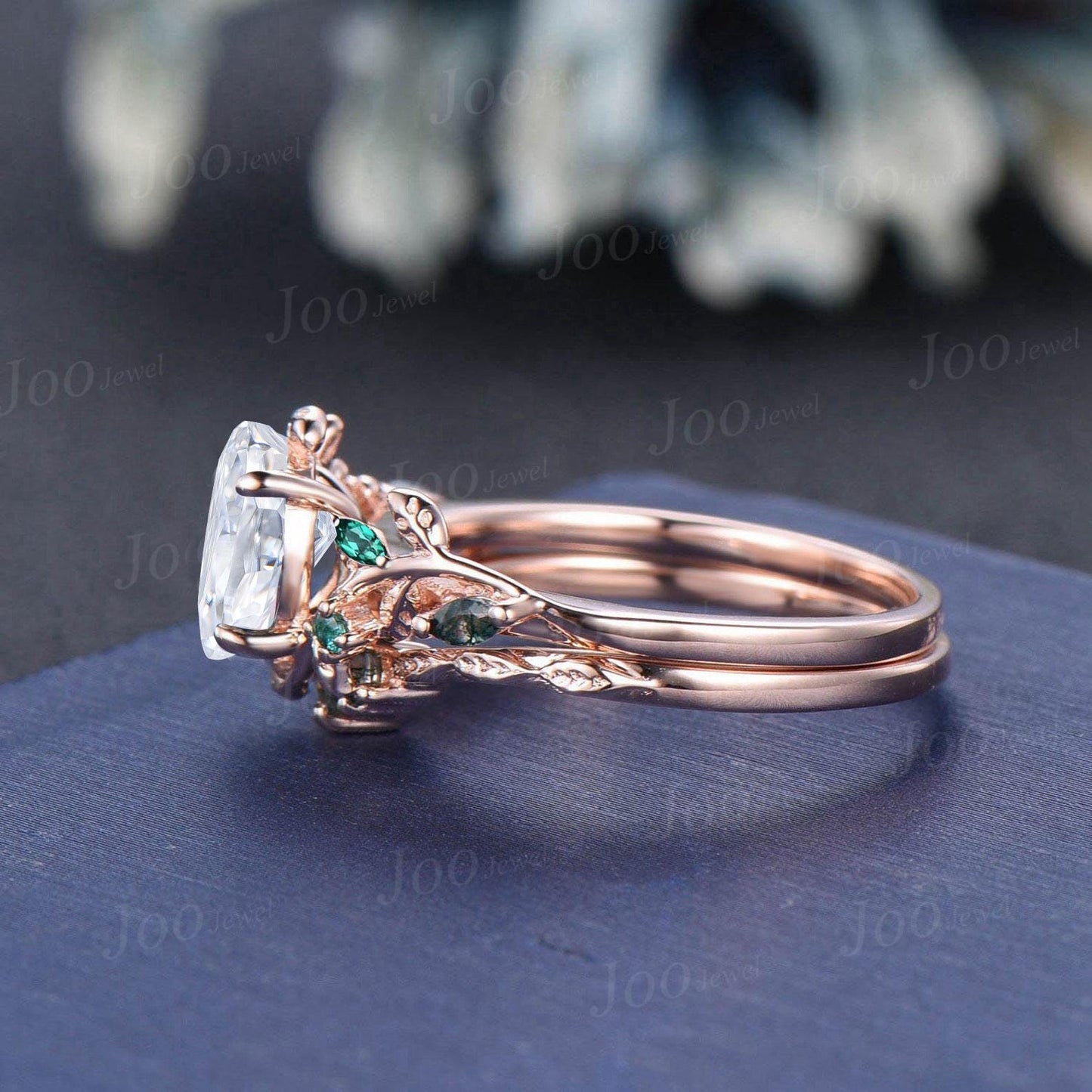 14K Rose Gold Oval Lab Grown Diamond with IGI Certified VVS D Leaf Vine Wedding Ring Set|Emerald & Moss Agate Accent|Nature Inspired Bridal Rings