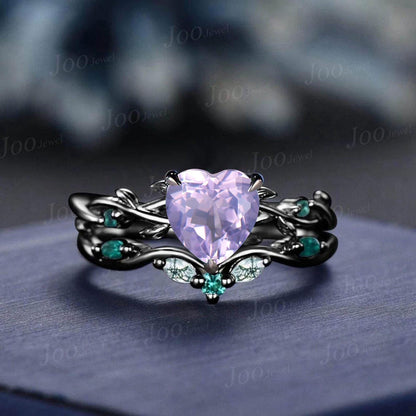 Vintage Heart Cut Natural Lavender Amethyst Bridal Ring Sterling Silver Art Deco Nature Inspired Emerald Moss Agate Wedding Rings Set Women
