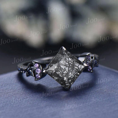 2ct Princess Cut Natural Black Rutilated Quartz Amethyst Moon Star Blue Sandstone Wedding Ring Gothic Dark Retro Black Gold Ring for Women