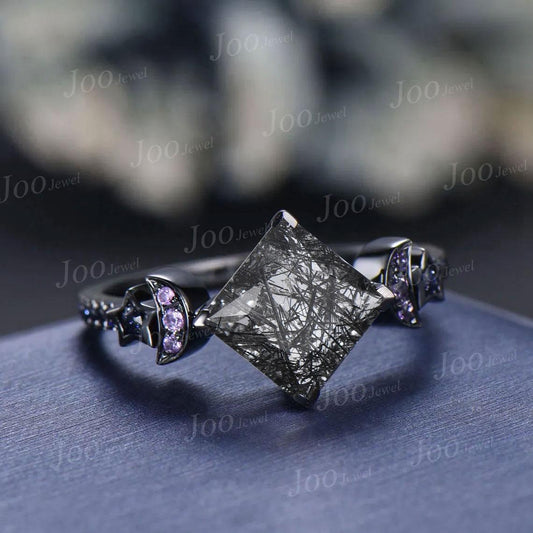 2ct Princess Cut Natural Black Rutilated Quartz Amethyst Moon Star Blue Sandstone Wedding Ring Gothic Dark Retro Black Gold Ring for Women