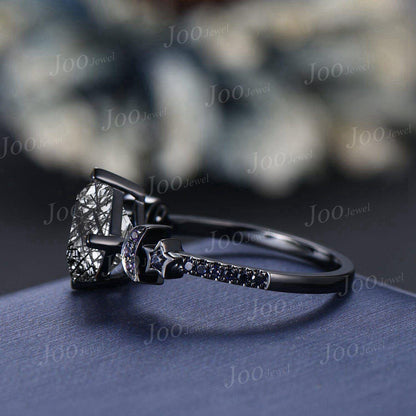 2ct Princess Cut Natural Black Rutilated Quartz Amethyst Moon Star Blue Sandstone Wedding Ring Gothic Dark Retro Black Gold Ring for Women