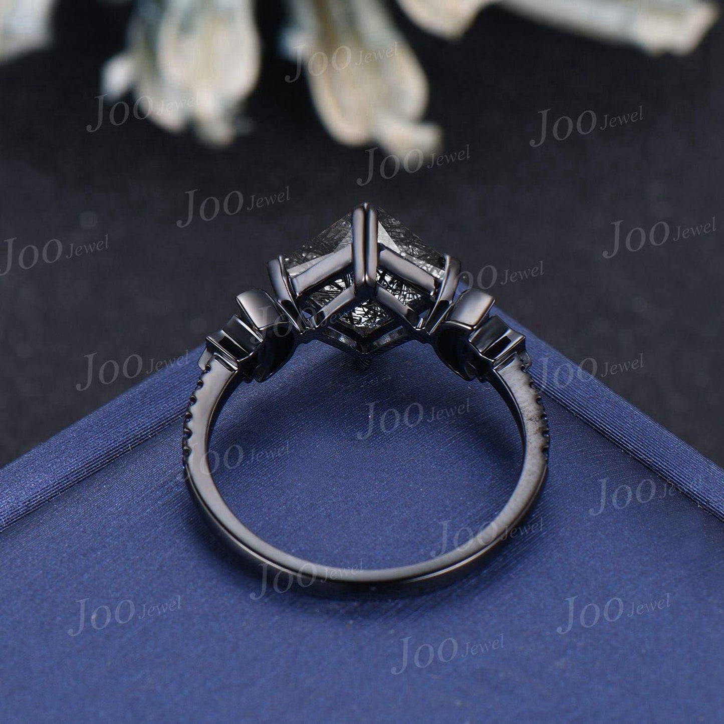 2ct Princess Cut Natural Black Rutilated Quartz Amethyst Moon Star Blue Sandstone Wedding Ring Gothic Dark Retro Black Gold Ring for Women