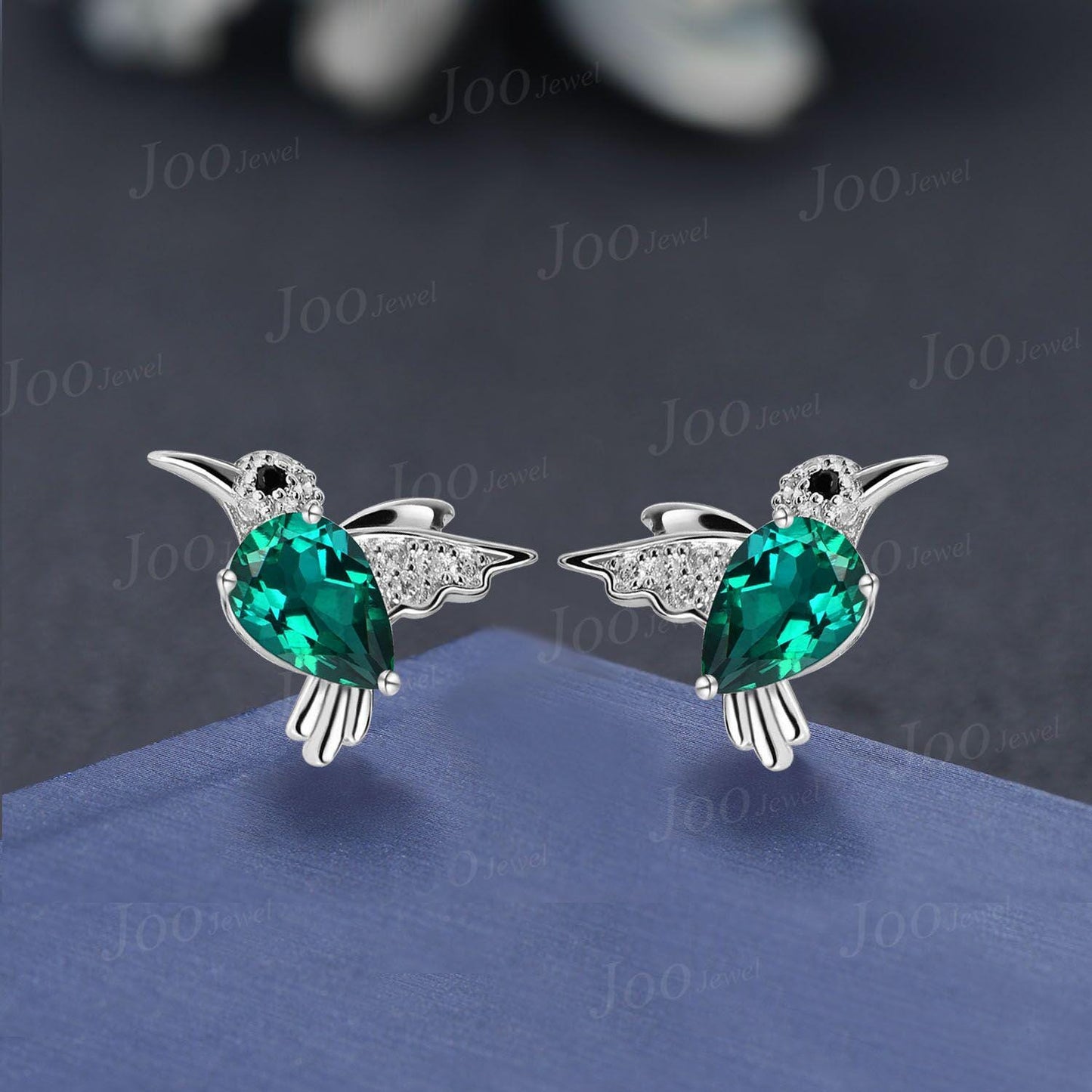 1.25ct Pear Cut Green Emerald Hummingbird Earrings ¨C Sterling Silver Hypoallergenic Stud Earrings for Women ¨C May Birthstone Birthday Gift