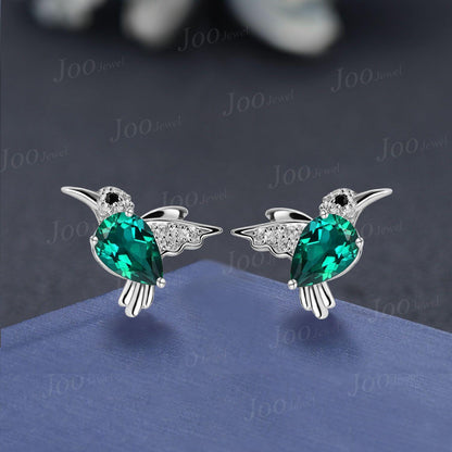1.25ct Pear Cut Green Emerald Hummingbird Earrings ¨C Sterling Silver Hypoallergenic Stud Earrings for Women ¨C May Birthstone Birthday Gift