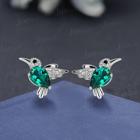1.25ct Pear Cut Green Emerald Hummingbird Earrings ¨C Sterling Silver Hypoallergenic Stud Earrings for Women ¨C May Birthstone Birthday Gift