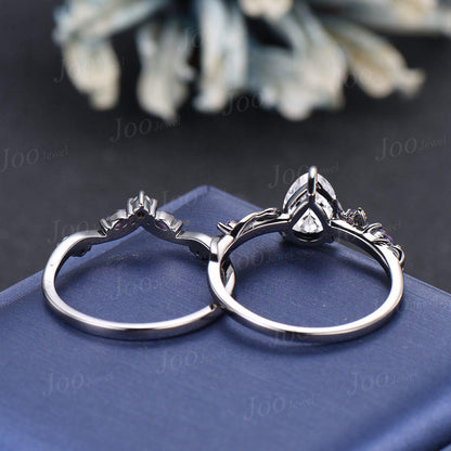 1.25ct Nature Inspired Pear Moissanite Pearl Engagement Ring Set 14K Black Gold Moissanite Diamond Leaf Vine Branch Amethyst Wedding Ring