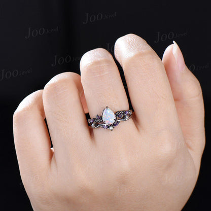 1.25CT Pear Cut White Opal Engagement Ring Set with Amethyst Pearl Branch Leaf Vine Opal Wedding Ring Set Black Gold Promise Ring Set Women