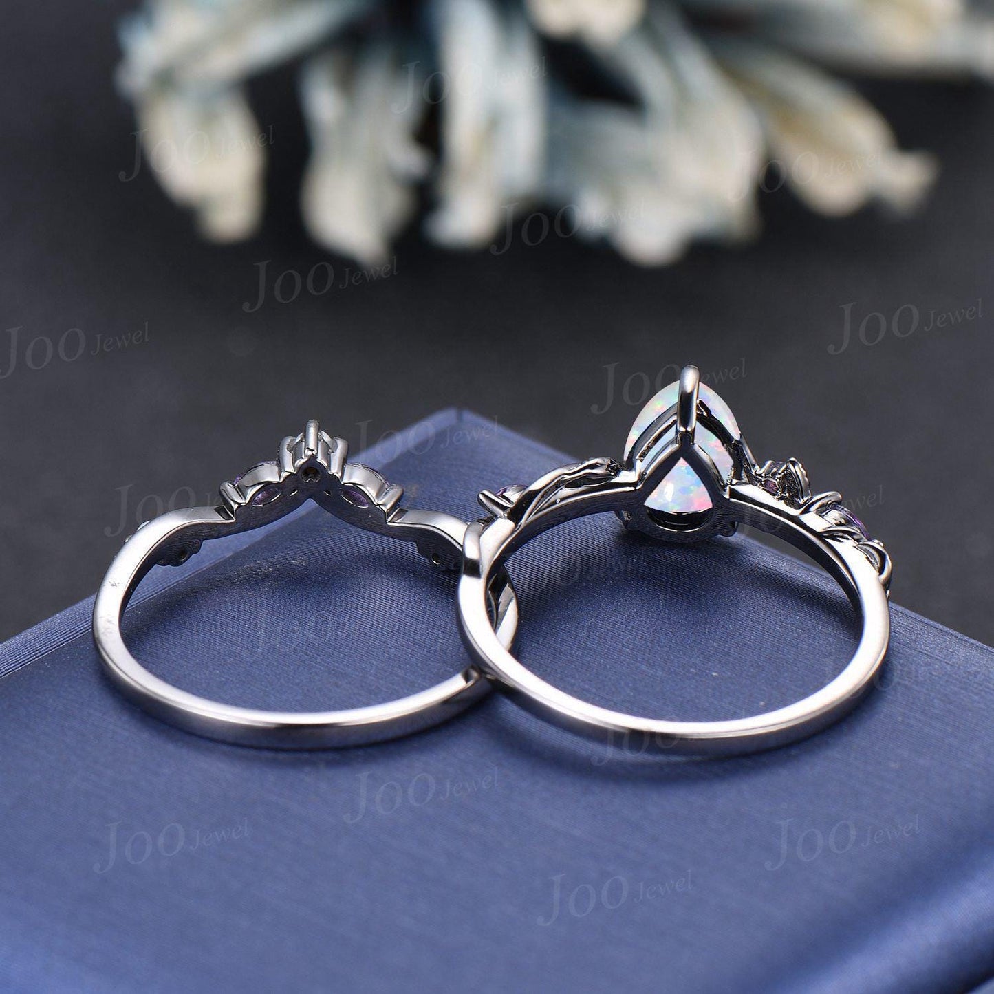 1.25CT Pear Cut White Opal Engagement Ring Set with Amethyst Pearl Branch Leaf Vine Opal Wedding Ring Set Black Gold Promise Ring Set Women