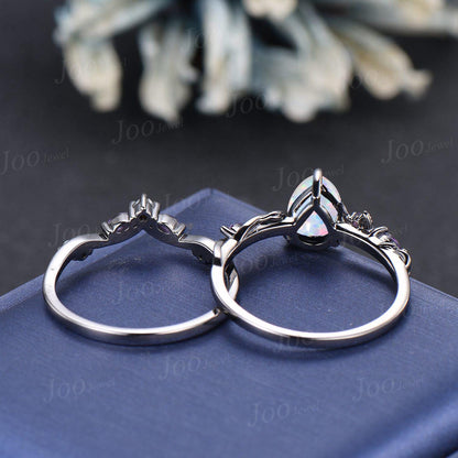 1.25CT Pear Cut White Opal Engagement Ring Set with Amethyst Pearl Branch Leaf Vine Opal Wedding Ring Set Black Gold Promise Ring Set Women