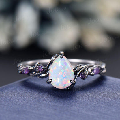 1.25CT Pear Cut White Opal Engagement Ring Set with Amethyst Pearl Branch Leaf Vine Opal Wedding Ring Set Black Gold Promise Ring Set Women