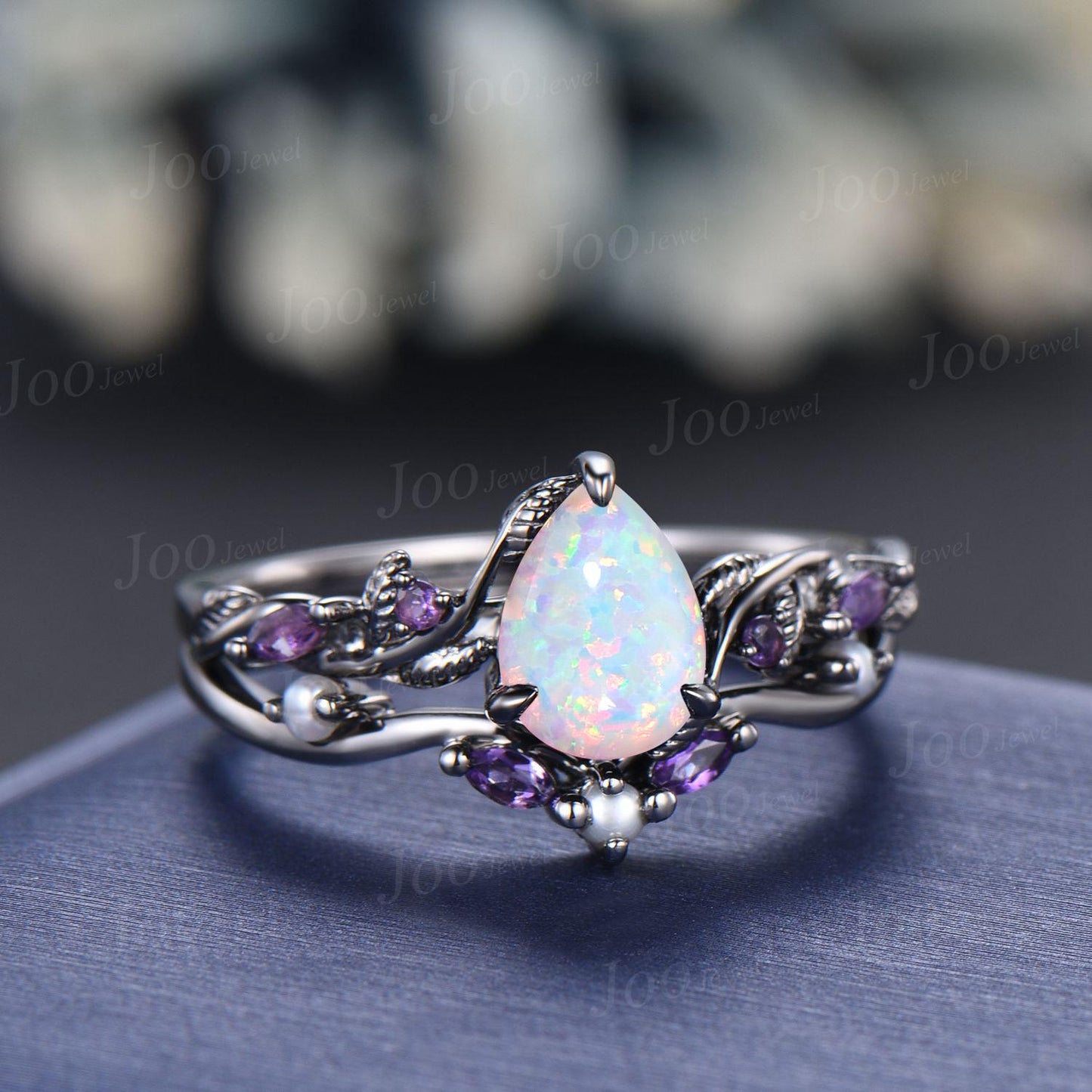 1.25CT Pear Cut White Opal Engagement Ring Set with Amethyst Pearl Branch Leaf Vine Opal Wedding Ring Set Black Gold Promise Ring Set Women
