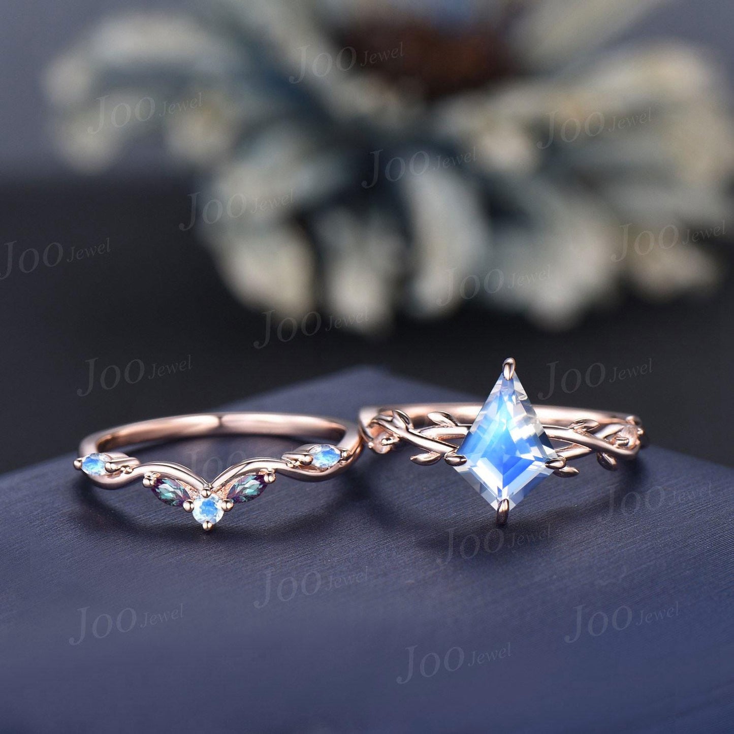 Kite Cut Natural Moonstone Twig Vine Engagement Ring Branch Leaf Alexandrite Moonstone 14k Solid Rose Gold Moonstone Bridal Set for Women