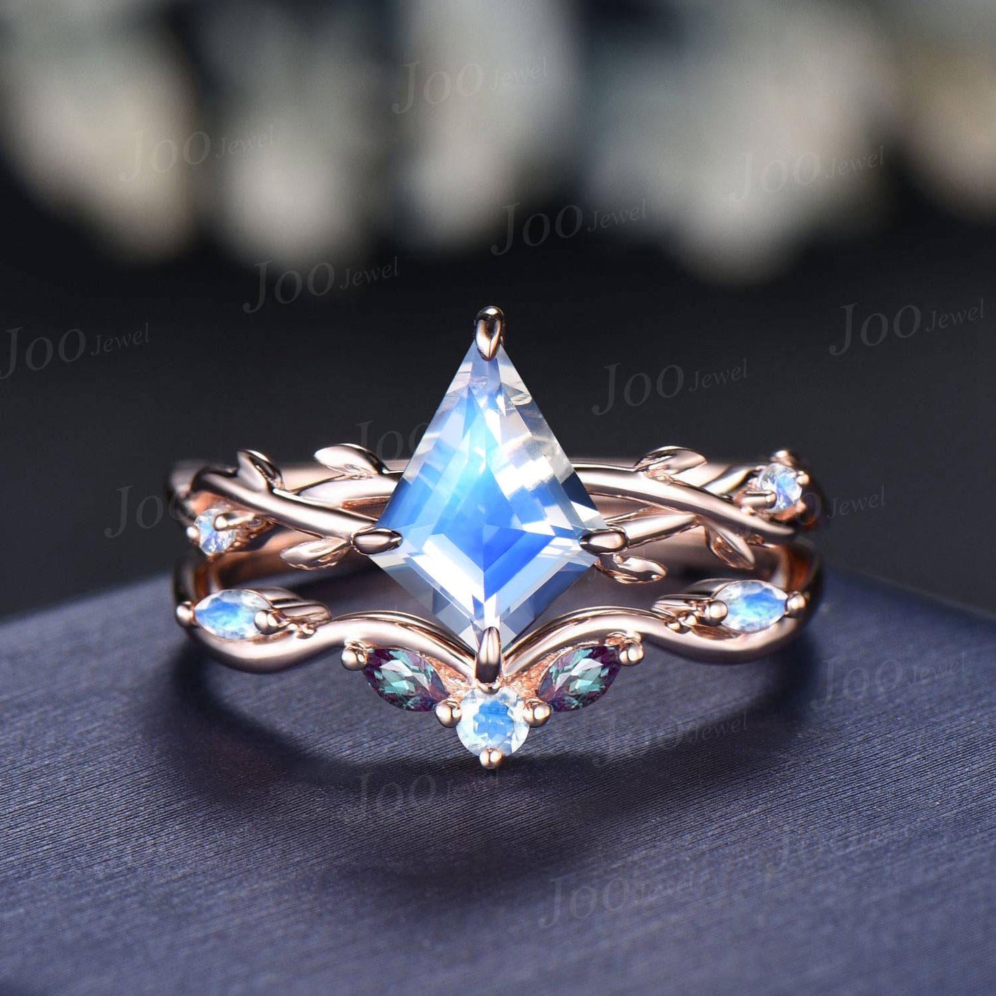 Kite Cut Natural Moonstone Twig Vine Engagement Ring Branch Leaf Alexandrite Moonstone 14k Solid Rose Gold Moonstone Bridal Set for Women