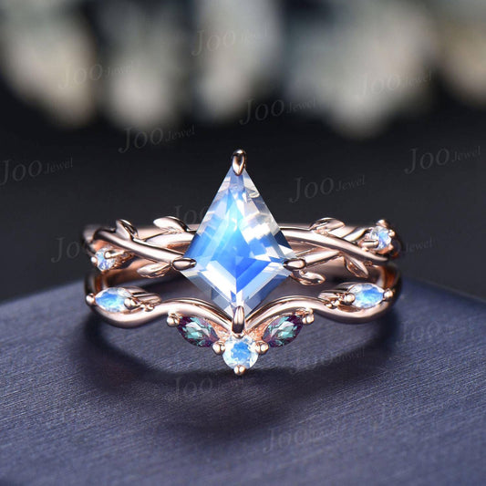 Kite Cut Natural Moonstone Twig Vine Engagement Ring Branch Leaf Alexandrite Moonstone 14k Solid Rose Gold Moonstone Bridal Set for Women