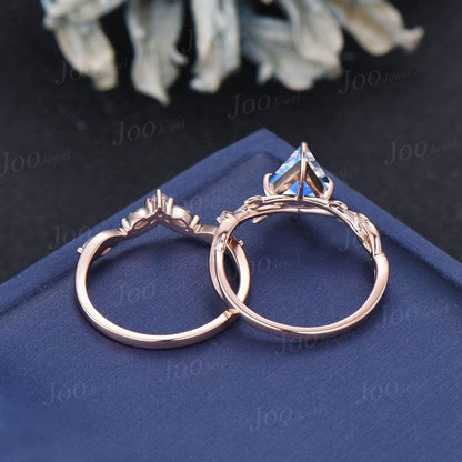 Kite Cut Natural Moonstone Twig Vine Engagement Ring Branch Leaf Alexandrite Moonstone 14k Solid Rose Gold Moonstone Bridal Set for Women