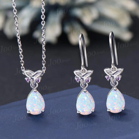 Teardrop Cut White Opal Hook Earrings Necklace Set Sterling Silver Opal Amethyst Celtic Trinity Knot Earrings Drop Pendant for Women