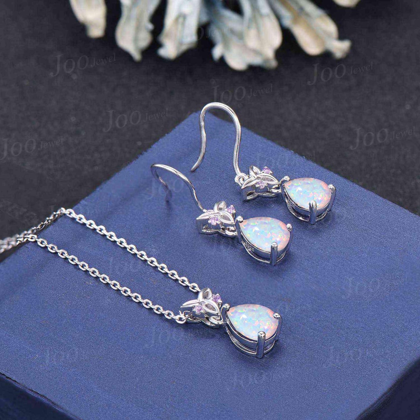 Teardrop Cut White Opal Hook Earrings Necklace Set Sterling Silver Opal Amethyst Celtic Trinity Knot Earrings Drop Pendant for Women