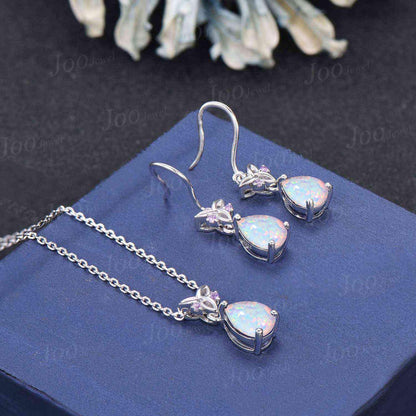 Teardrop Cut White Opal Hook Earrings Necklace Set Sterling Silver Opal Amethyst Celtic Trinity Knot Earrings Drop Pendant for Women