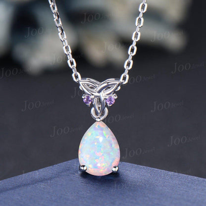 Teardrop Cut White Opal Hook Earrings Necklace Set Sterling Silver Opal Amethyst Celtic Trinity Knot Earrings Drop Pendant for Women