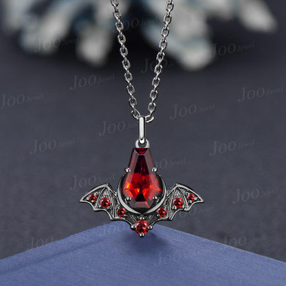 Natural Garnet Moon Pendant Necklace Coffin Cut Red Garnet Bat Wing Necklace 18K Black Gold Gothic Pendant for Cool Girl Graduation Gifts